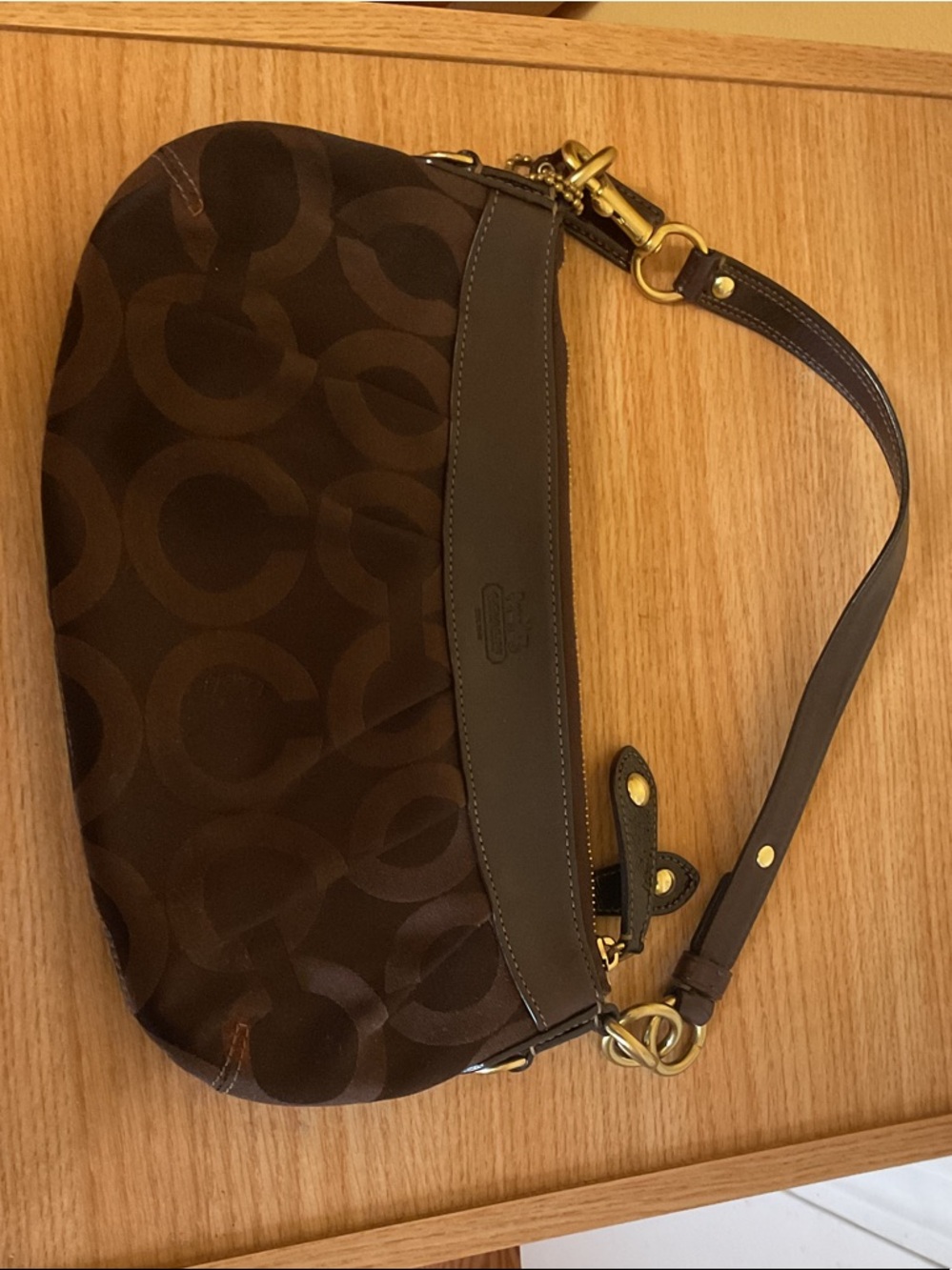Coach Brown Signature Crescent Shoulder Bag with Gold Hardware